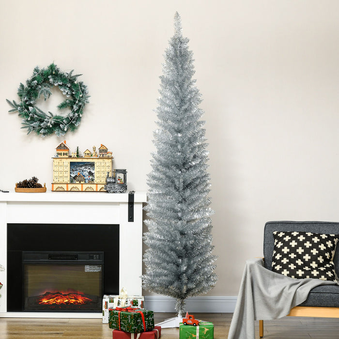 7FT Silver Pencil Artificial Christmas Tree — 499 Tips, Unlit, Slim Space - Saving, Plastic Stand - Monsta Online