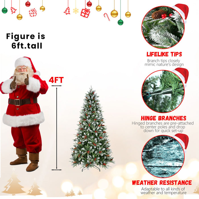 4FT Artificial Christmas Tree — Snow - Tipped, 747 Tips, Berries & Pine Cones, Hinged, Metal Stand - Monsta Online