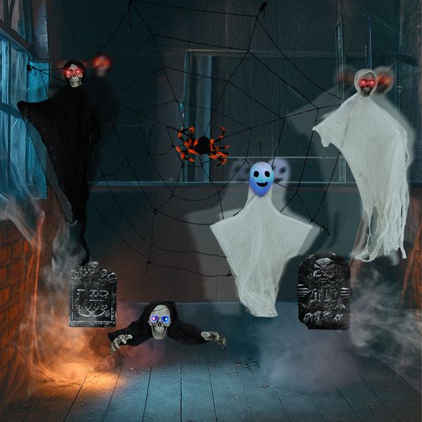 8 - Piece Outdoor Halloween Decoration Set 5.9ft Cobweb – Red Flashing Eyes, Hanging Ghosts, Gravestones and Spider - Monsta Online