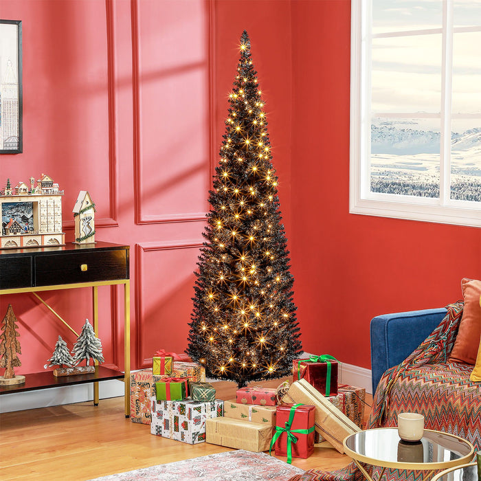 6FT Black Slim Pencil Pre - Lit Artificial Christmas Tree — 200 Warm White LEDs, 390 Tips, Space - Saving - Monsta Online
