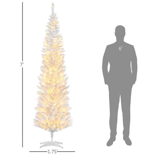7FT White Pencil Pre - Lit Artificial Christmas Tree — 200 Warm White LEDs, 499 Tips, Slim Space - Saving - Monsta Online