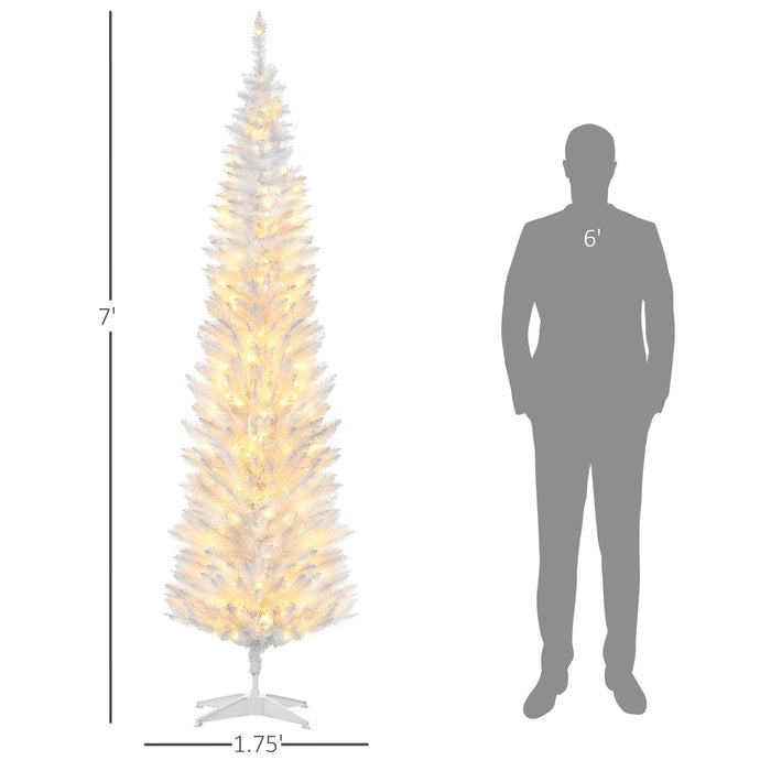 7FT White Pencil Pre - Lit Artificial Christmas Tree — 200 Warm White LEDs, 499 Tips, Slim Space - Saving - Monsta Online