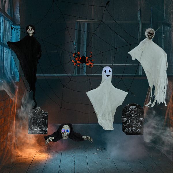 8 - Piece Outdoor Halloween Decoration Set 5.9ft Cobweb – Red Flashing Eyes, Hanging Ghosts, Gravestones and Spider - Monsta Online