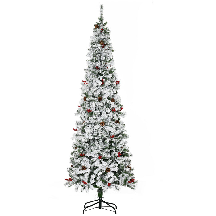7.5FT Flocked Pencil Artificial Christmas Tree — 950 Tips, Snow, Pinecones, Berries, Unlit, Auto - Open - Monsta Online