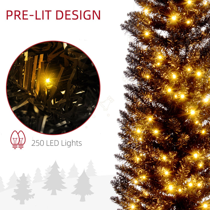 7FT Black Pre - Lit Pencil Artificial Christmas Tree — 250 Warm White LEDs, 499 Tips, Slim, Steel Base - Monsta Online