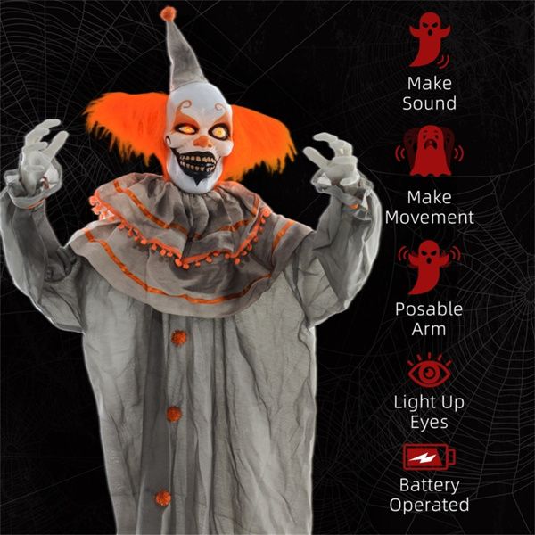 6ft Animatronic Halloween Clown – Moving Head and Arms with Red Glowing Eyes and Creepy Laughs - Monsta Online