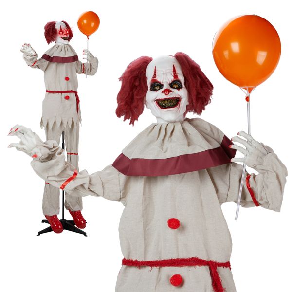 5.7ft Sound - Activated Halloween Animatronic Clown with Balloon – Creepy Talking with Red Eyes and Shaking Head - Monsta Online