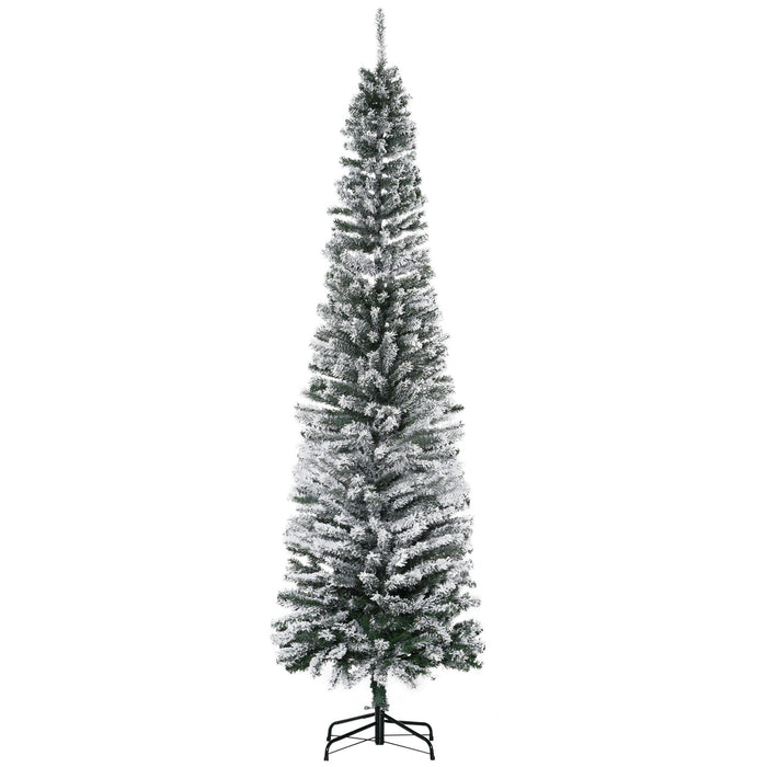 7.5FT Snow Flocked Pencil Artificial Christmas Tree — 738 Tips, Unlit, Slim Space - Saving, Metal Base - Monsta Online