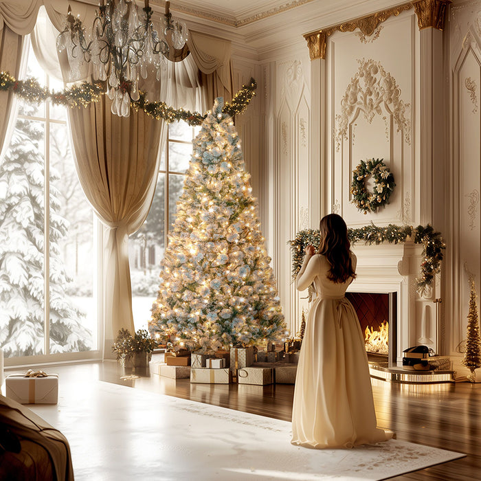 9FT Snow Flocked Pre - Lit Artificial Christmas Tree — 750 Clear Warm White Lights, 2387 Tips, Steel Base - Monsta Online