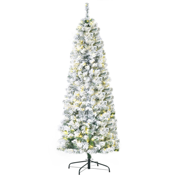 6FT Snow Flocked Pre - Lit Artificial Christmas Tree — 250 Warm White LEDs, 462 Tips, Hinged Pencil, Steel Base - Monsta Online