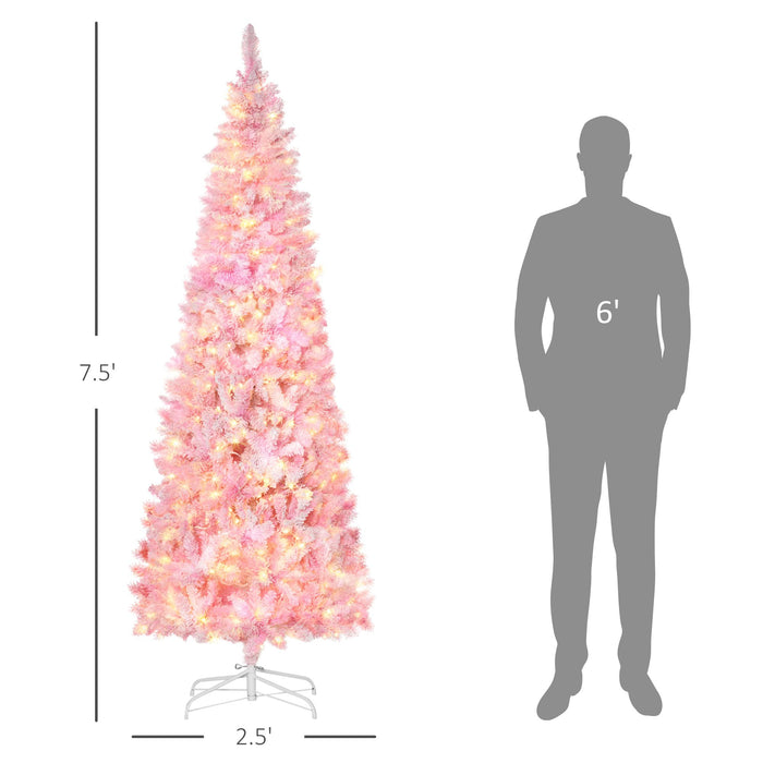 7.5FT Pre - Lit Pink Pencil Artificial Christmas Tree — 350 Warm White LED Lights, 700 Snow Tips, Steel Base - Monsta Online