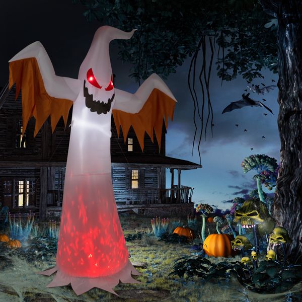 12FT Halloween Inflatable Ghost with Red Eyes and Flame LED Lights - Monsta Online