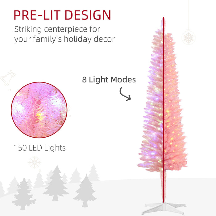 5FT Pink Pre - Lit Pencil Artificial Christmas Tree — 150 Colorful LED Lights, 8 Modes, 250 Tips, Steel Base - Monsta Online