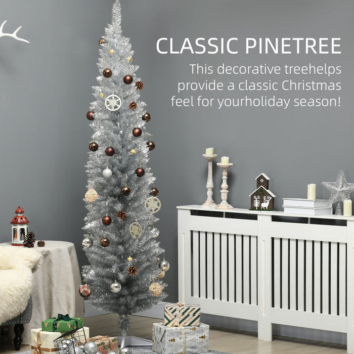 7FT Silver Pencil Artificial Christmas Tree — 499 Tips, Unlit, Slim Space - Saving, Plastic Stand - Monsta Online