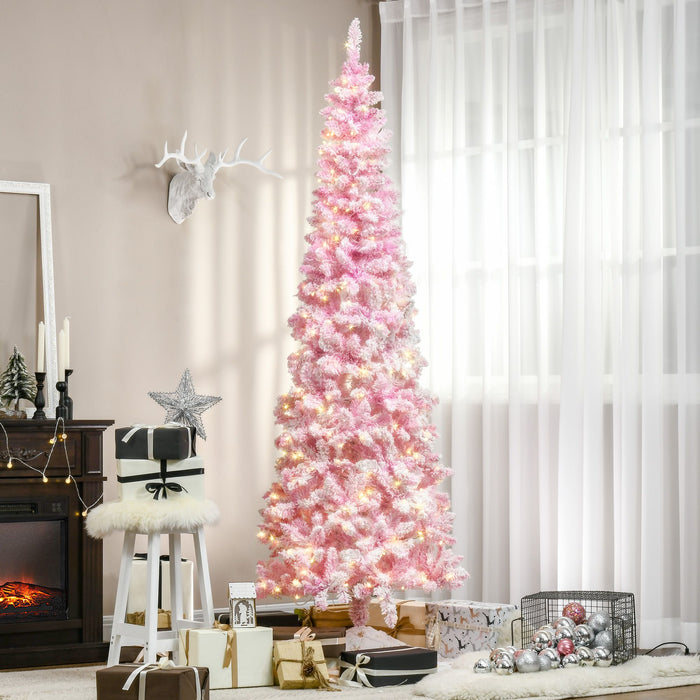 7.5FT Pre - Lit Pink Pencil Artificial Christmas Tree — 350 Warm White LED Lights, 700 Snow Tips, Steel Base - Monsta Online