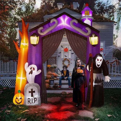 9.8FT Halloween Inflatable LED Haunted House Archway with Grim Reaper and Ghosts - Monsta Online