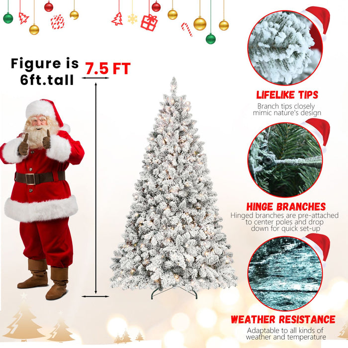 7.5FT Pre - Lit Flocked Artificial Christmas Tree White — 550 Warm LED, 49 Pine Cones, Hinged, Metal Stand - Monsta Online
