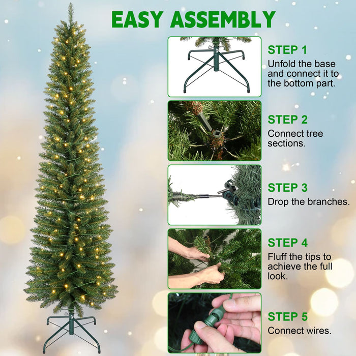 7FT Pre - Lit Pencil Artificial Christmas Tree — 200 Warm White LED, Slim, 469 Tips, Metal Stand - Monsta Online