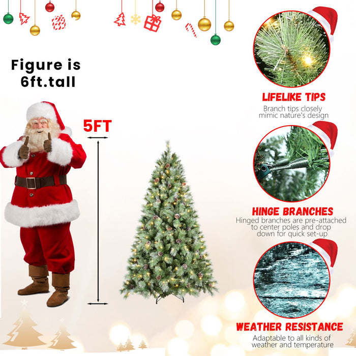 5FT Pre - Lit Artificial Christmas Tree — 200 Warm LED, 51 Pine Cones, 694 Tips, Hinged, Metal Stand - Monsta Online
