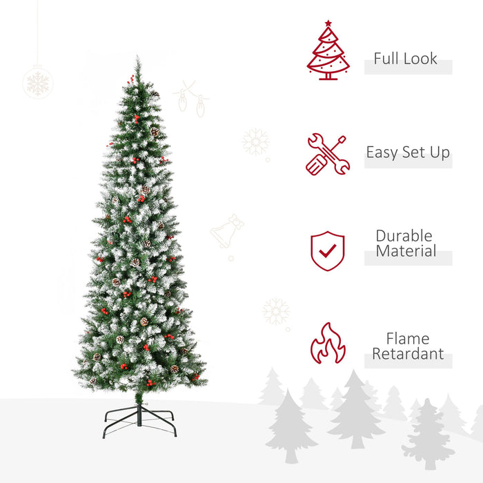 9FT Slim Snow Flocked Pre - Lit Artificial Christmas Tree — 460 Warm White LEDs, 1298 Tips, Pine Cones, Berries - Monsta Online