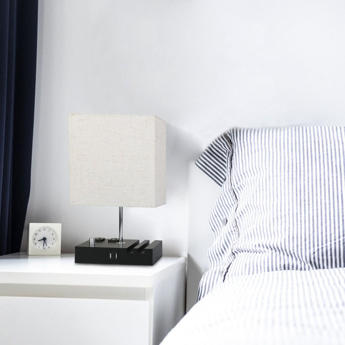 Fully Dimmable Bedside Table Lamp with Power Outlets USB Ports and Wooden Base - Monsta Online