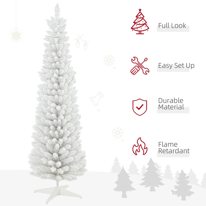6FT Snow Flocked White Pencil Artificial Christmas Tree — 390 Tips, Slim Shape, Metal Stand - Monsta Online