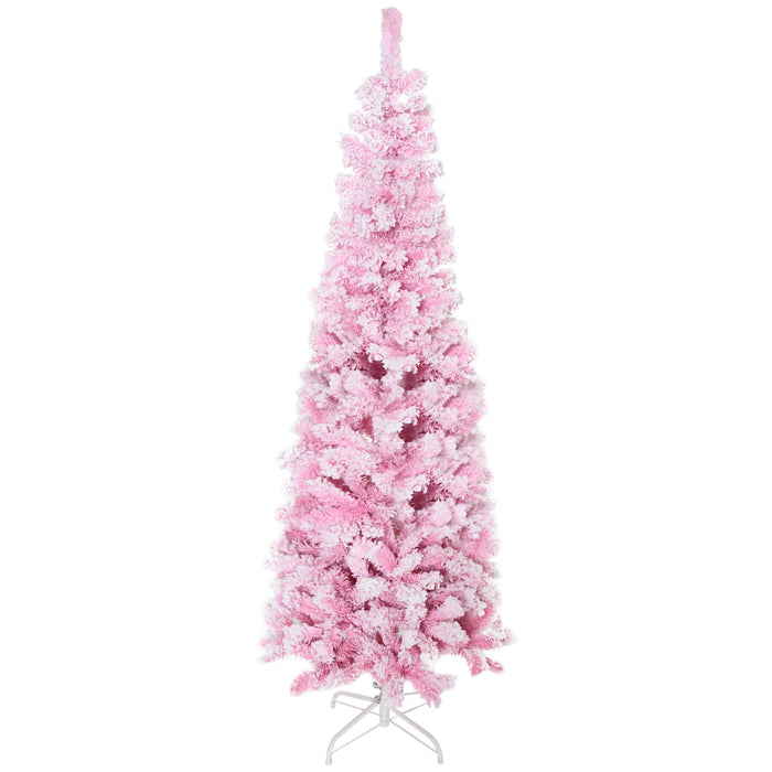 6FT Pink Snow Flocked Pencil Artificial Christmas Tree — 520 Tips, Unlit, Auto - Open Hinged, Steel Base - Monsta Online