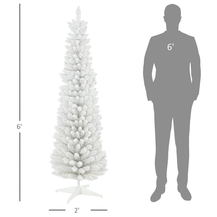 6FT Snow Flocked White Pencil Artificial Christmas Tree — 390 Tips, Slim Shape, Metal Stand - Monsta Online
