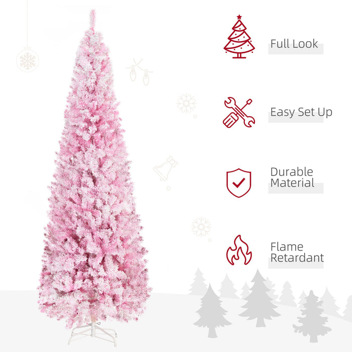 7.5FT Flocked Pink Pencil Artificial Christmas Tree — 800 Snow Tips, Unlit, Auto - Open, Slim Space - Saving - Monsta Online