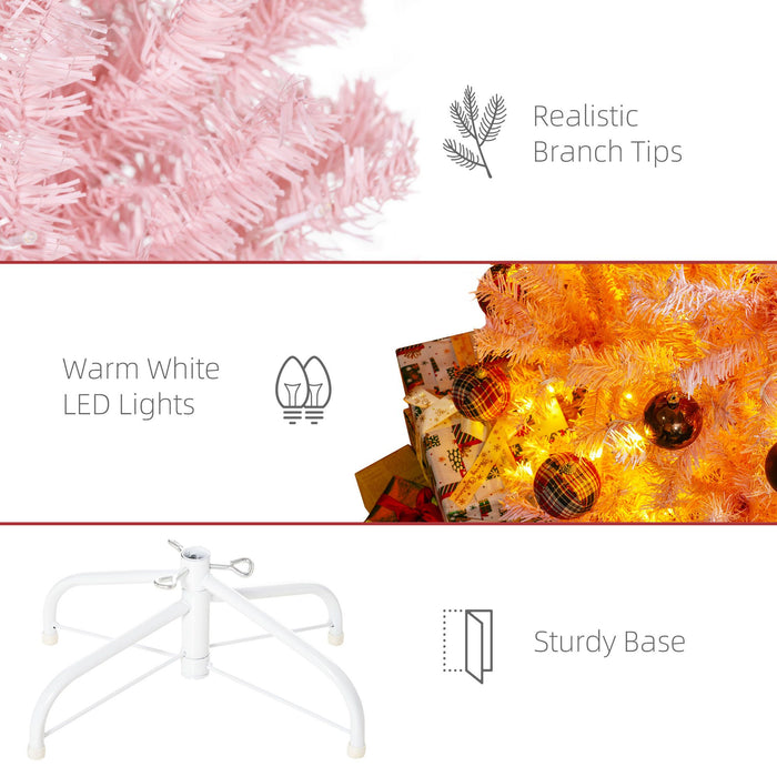 6FT Pink Flocked Pre - Lit Artificial Christmas Tree — 250 Warm White LEDs, 1000 Tips, Hinged, Metal Base - Monsta Online