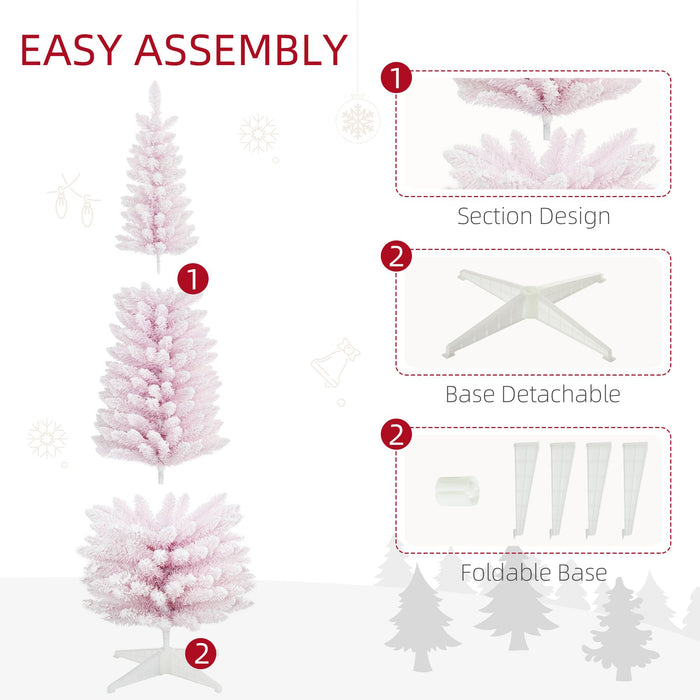 7FT Flocked Pink Pencil Artificial Christmas Tree — 499 Snow Tips, Unlit, Slim Space - Saving, Metal Base - Monsta Online