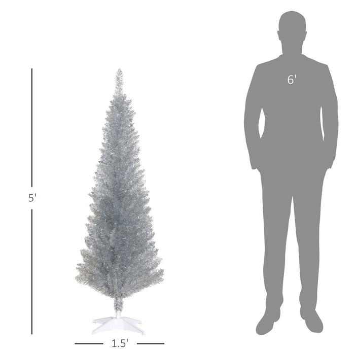 5FT Silver Pencil Artificial Christmas Tree — 294 Tips, Unlit, Slim Space - Saving, Plastic Base - Monsta Online