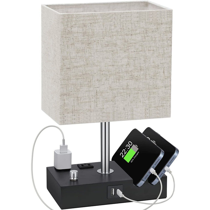 Fully Dimmable Bedside Table Lamp with Power Outlets USB Ports and Wooden Base - Monsta Online