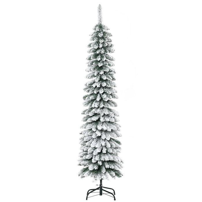 6FT Snow Flocked Pencil Artificial Christmas Tree — 395 Tips, Unlit, Slim Space - Saving, Metal Base - Monsta Online