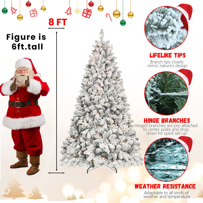8FT Pre - Lit Flocked Artificial Christmas Tree — 700 UL LED, 54 Pine Cones, 1754 Tips, Hinged, Metal Stand - Monsta Online