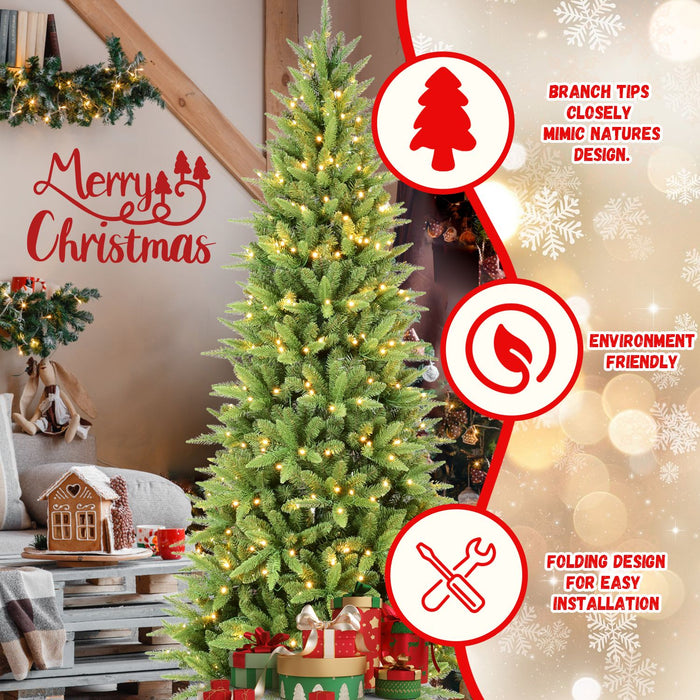 8FT Pre - Lit Pencil Artificial Christmas Tree — 1612 Tips, 500 LED Lights, PE & PVC Mixed, Metal Stand - Monsta Online