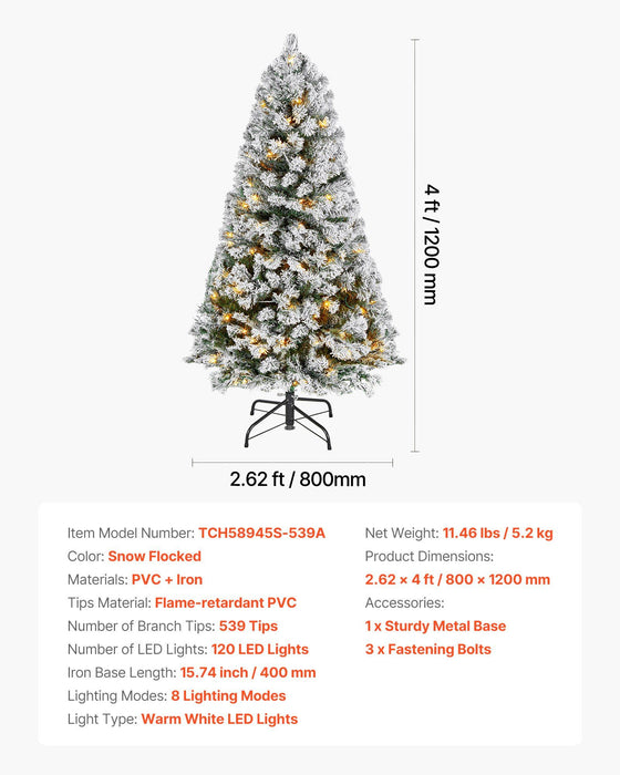 4FT Pre - Lit Flocked Artificial Christmas Tree — 539 Tips, 120 Warm White LEDs, 8 Modes, Metal Stand - Monsta Online