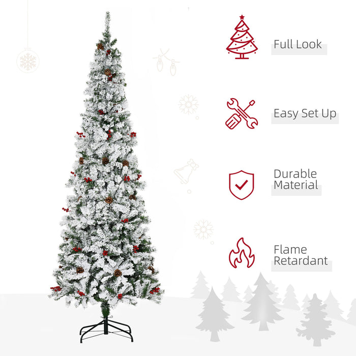7.5FT Flocked Pencil Artificial Christmas Tree — 950 Tips, Snow, Pinecones, Berries, Unlit, Auto - Open - Monsta Online