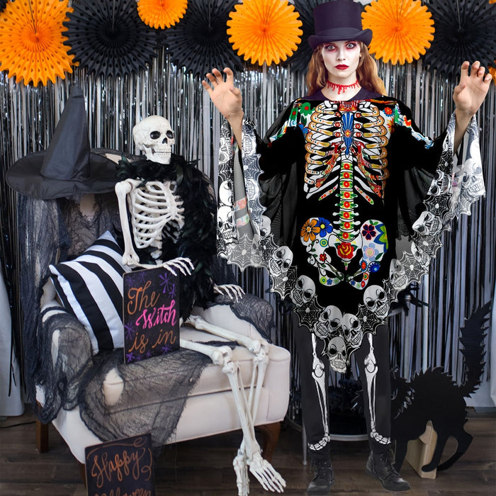 Halloween Lace Skeleton Poncho Costume – Women’s Day of the Dead Costume Cover Up - Monsta Online