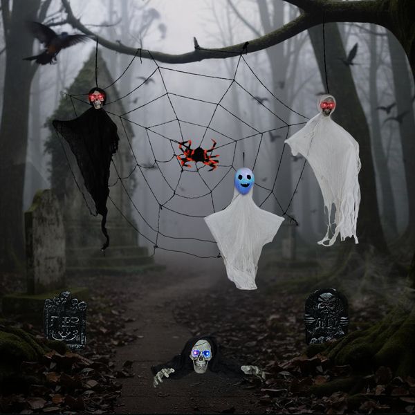 8 - Piece Outdoor Halloween Decoration Set 5.9ft Cobweb – Red Flashing Eyes, Hanging Ghosts, Gravestones and Spider - Monsta Online