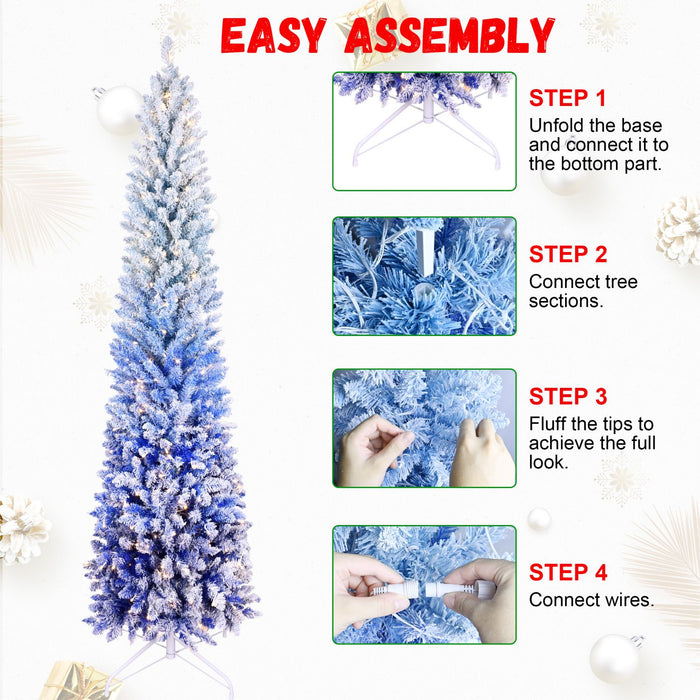 6FT Pre - Lit Blue Flocked Pencil Christmas Tree — 200 Warm LED, 485 Tips, Slim, Metal Stand - Monsta Online