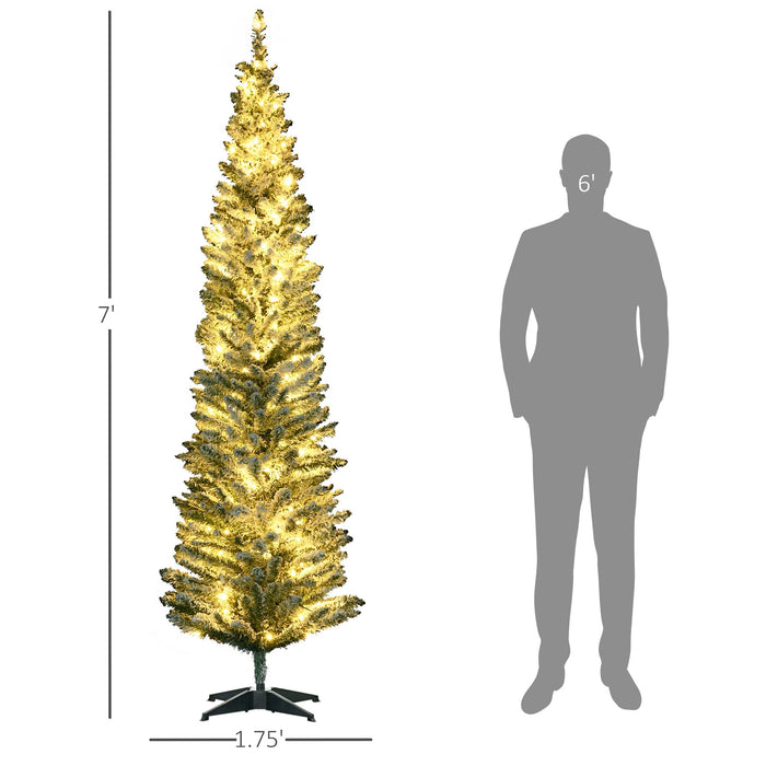 7FT Slim Pencil Pre - Lit Artificial Christmas Tree — 210 Warm White LEDs, 499 Tips, Space - Saving, Steel Base - Monsta Online