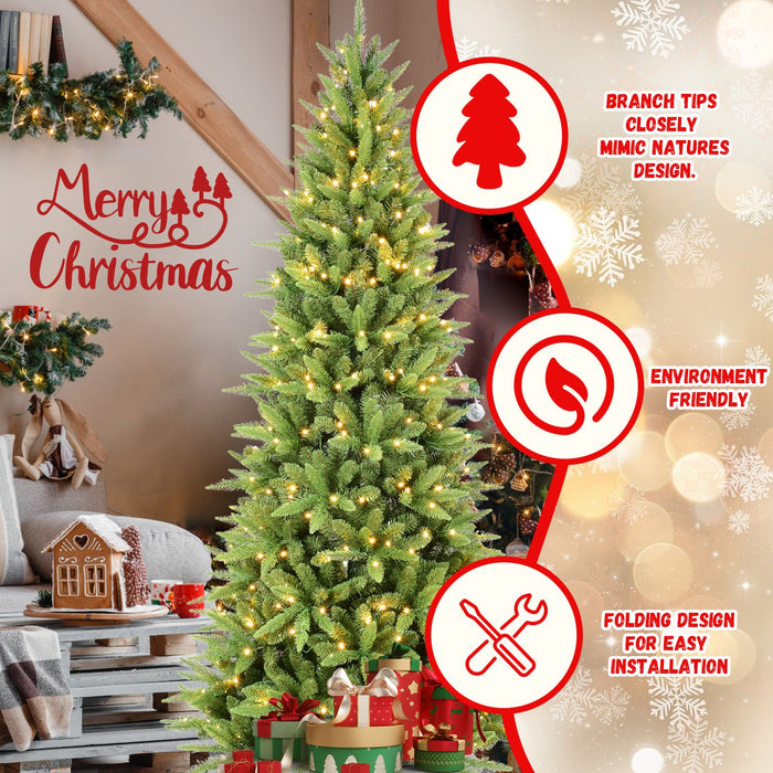 7FT Pre - Lit Slim Artificial Christmas Tree — 400 Warm LED, 1180 Tips, Pencil, Hinged, Metal Stand - Monsta Online