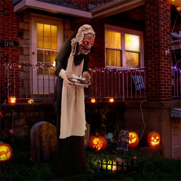 5.2ft Halloween Animatronic Old Lady Maid – Motion Activated with Flashing Red Eyes and Creepy Talking Phrases - Monsta Online