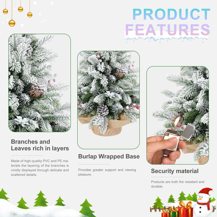 3FT Tabletop Snow Flocked Artificial Christmas Tree — 14 Pinecones, Red Berries, Mini Tree - Monsta Online