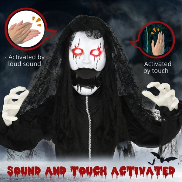 5.5ft Halloween Animatronic Zombie Bride – Jaw Drop, Glowing Red Eyes and Creepy Speaking Sounds - Monsta Online