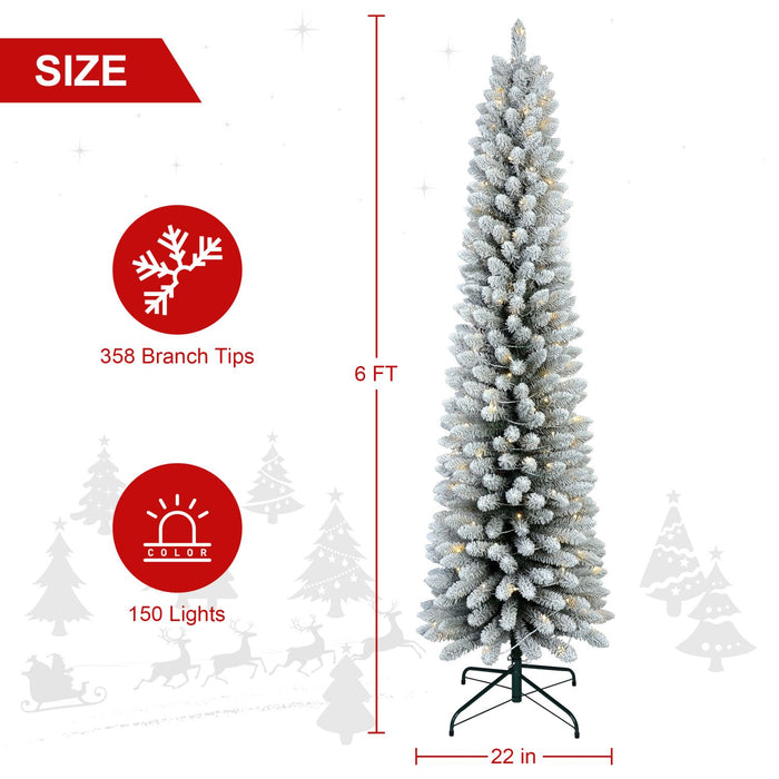 6FT Pre - Lit Flocked Pencil Artificial Christmas Tree — 150 Warm LED, Slim, 358 Tips, Metal Stand - Monsta Online