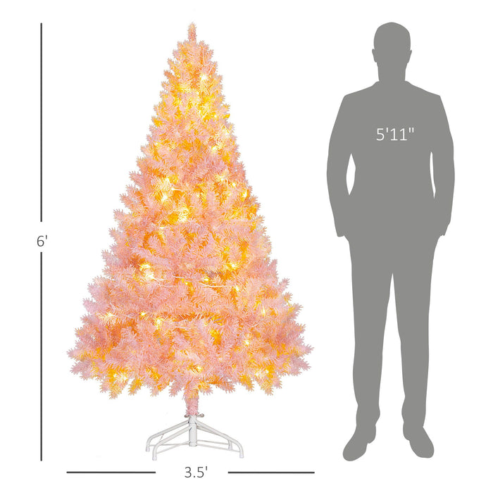 6FT Pink Flocked Pre - Lit Artificial Christmas Tree — 250 Warm White LEDs, 1000 Tips, Hinged, Metal Base - Monsta Online