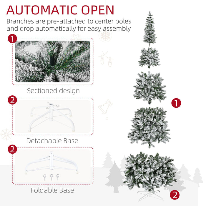 9FT Snow Flocked Pencil Artificial Christmas Tree — 1084 Tips, Unlit, Auto - Open, Green White, Steel Base - Monsta Online