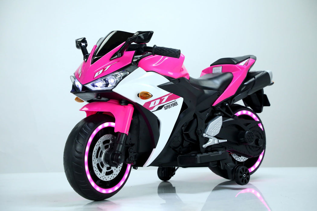 12V Electric Ride - On Pink Motorcycle with Throttle and Lighted Training Wheels - Monsta Online
